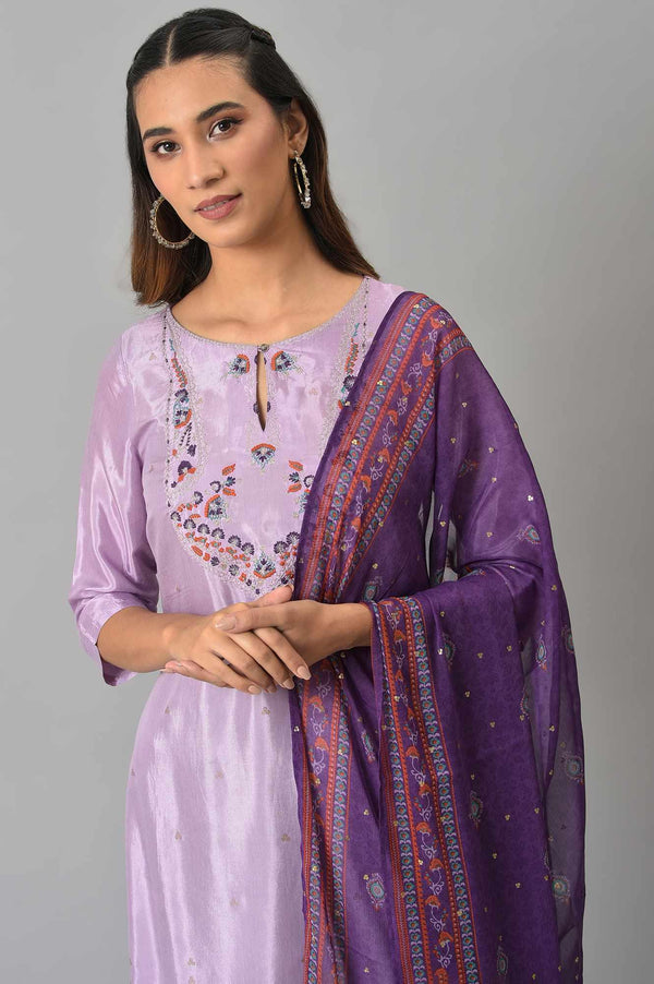 Purple Embroidered kurta With Slim Pants And Printed Dupatta