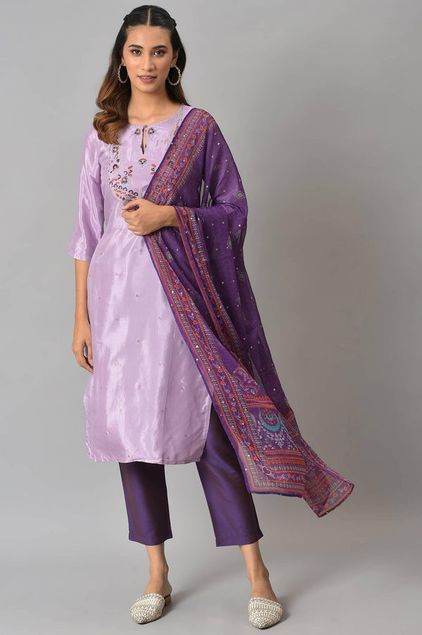 Purple Embroidered kurta With Slim Pants And Printed Dupatta