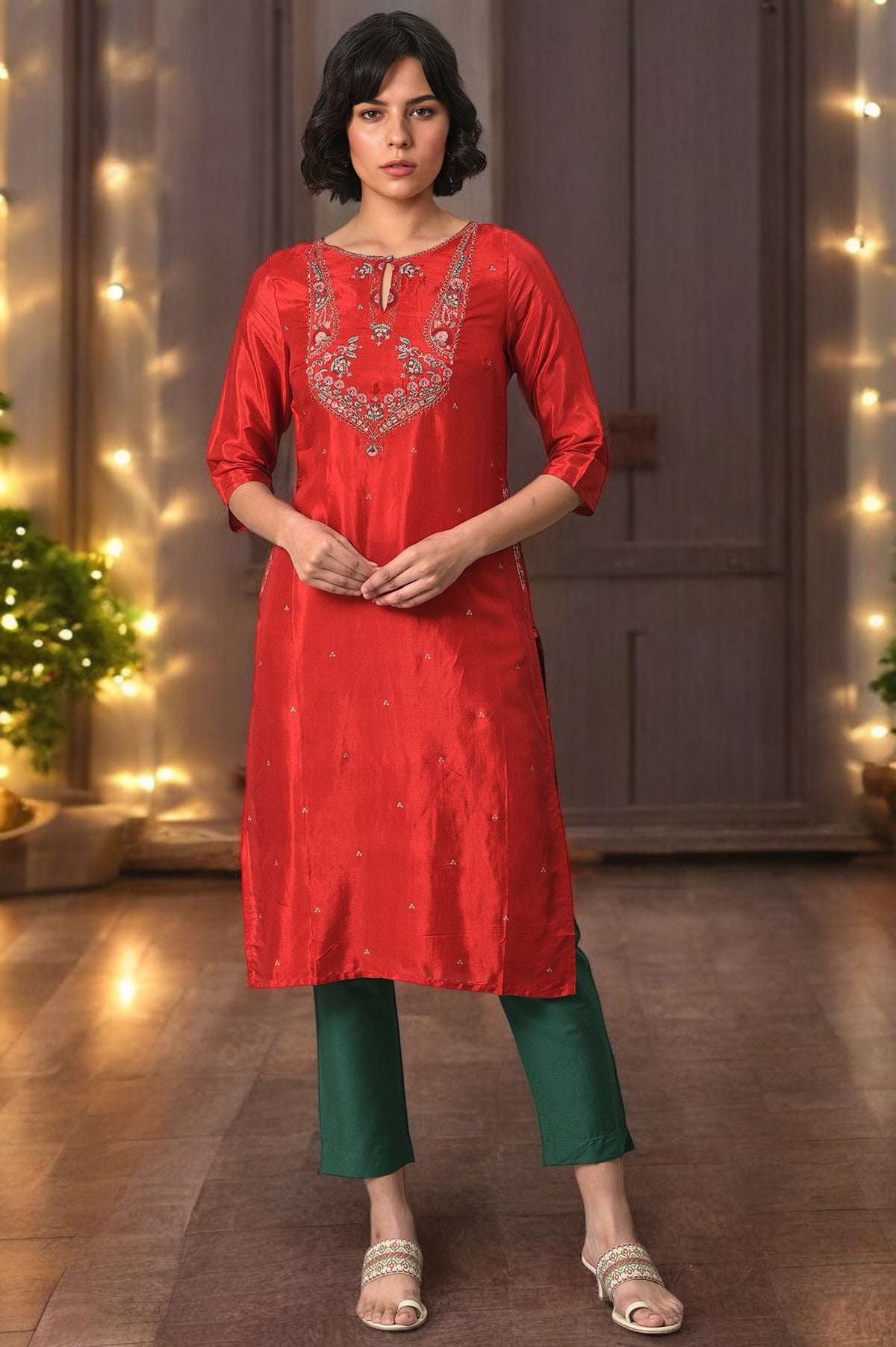 Red Embroidered Festive kurta With Green Slim Pants - XS
