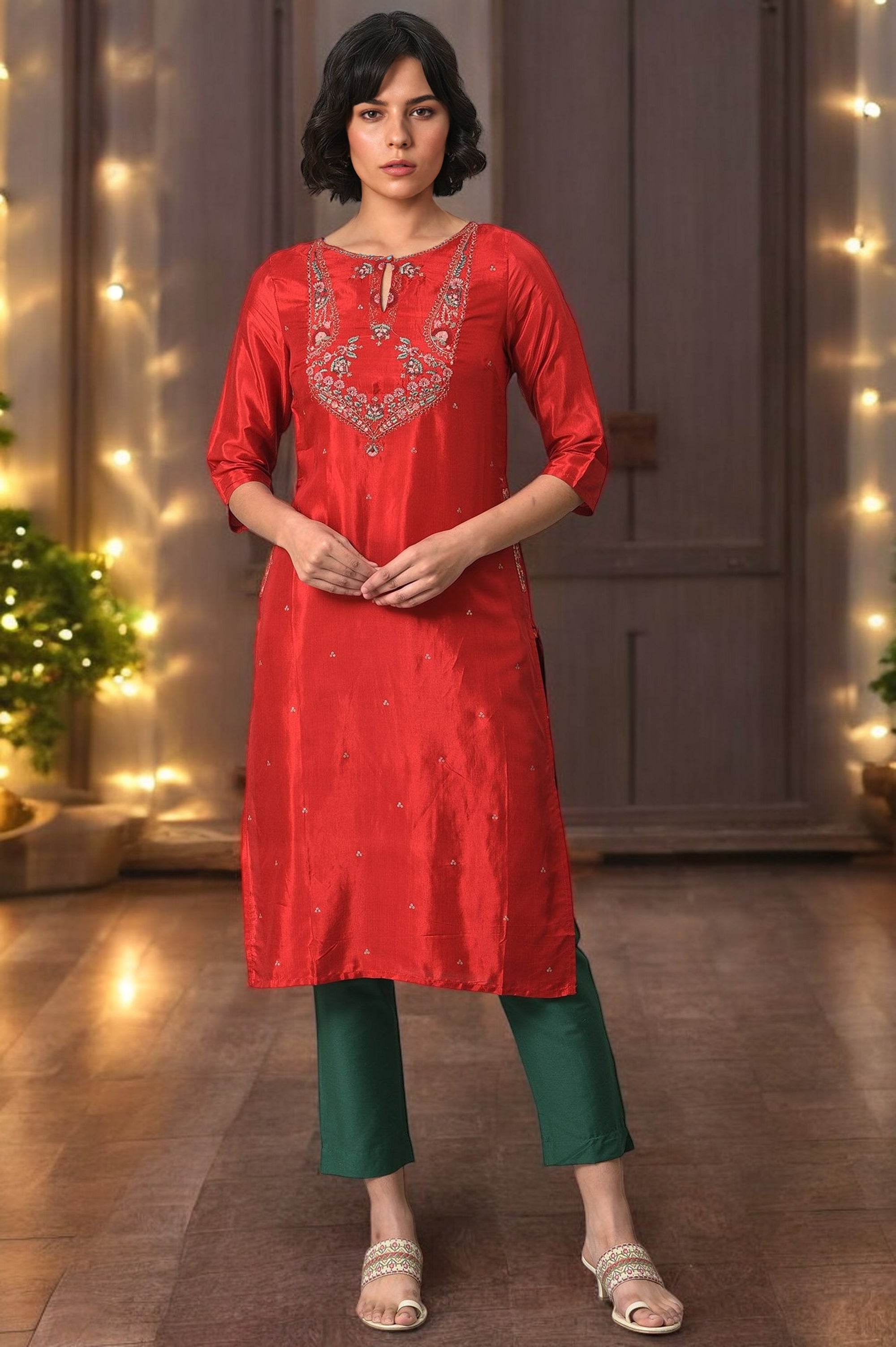 Red Embroidered Festive kurta With Green Slim Pants