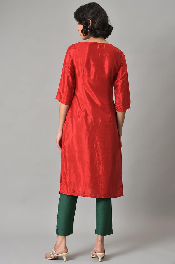 Red Embroidered Festive kurta With Green Slim Pants
