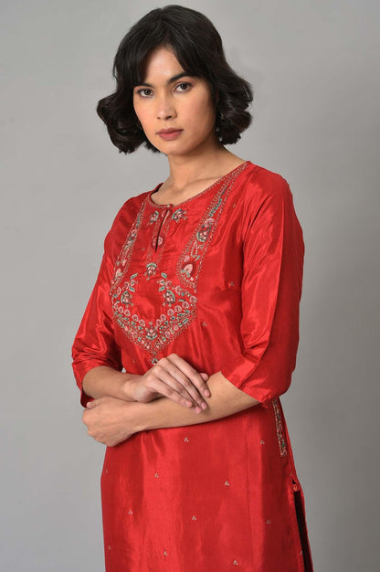 Red Embroidered Shantung kurta - wforwoman