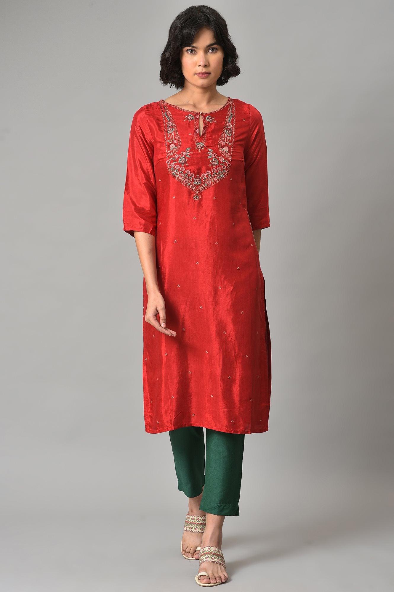 Red Embroidered Festive kurta With Green Slim Pants - wforwoman