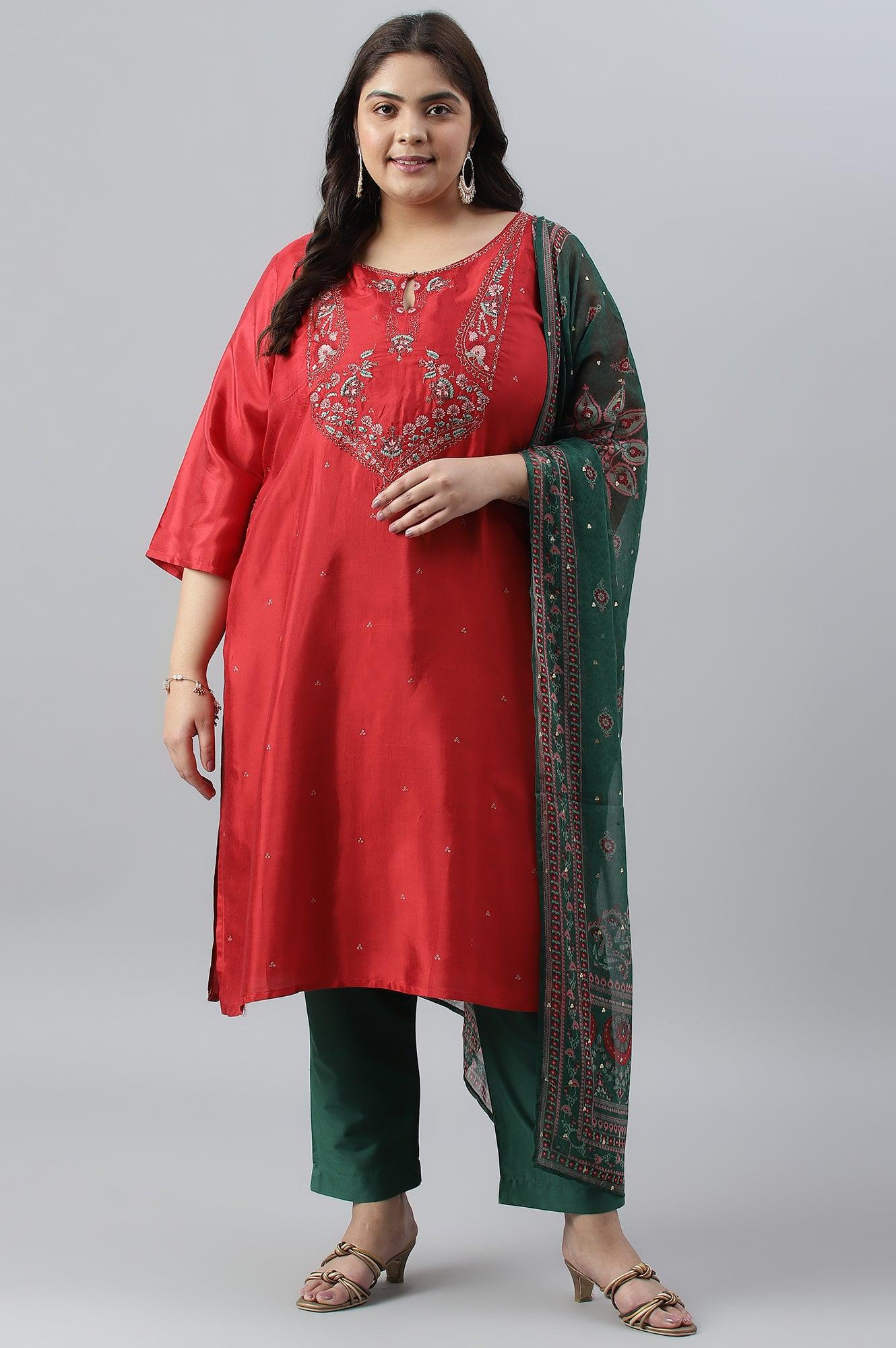 Plus Size Red Glitter Printed Festive kurta With Green Slim Pants And Printed Dupatta - wforwoman