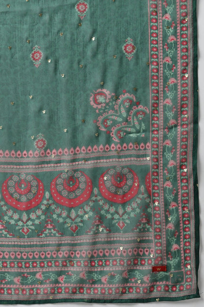 Plus Size Red Glitter Printed Festive kurta With Green Slim Pants And Printed Dupatta - wforwoman