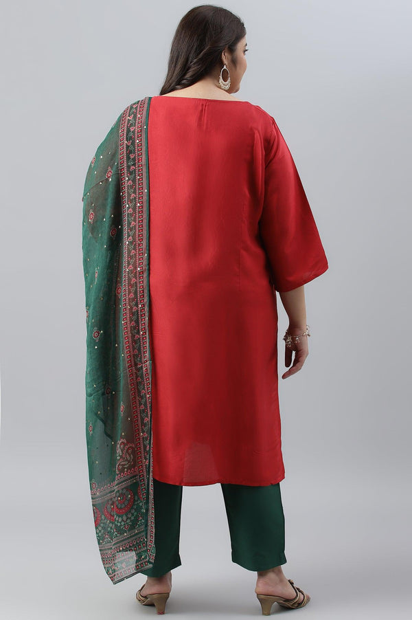 Plus Size Red Glitter Printed Festive kurta With Green Slim Pants And Printed Dupatta