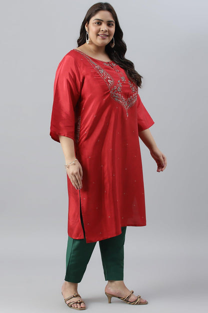 Plus Size Red Glitter Printed Festive kurta With Green Slim Pants And Printed Dupatta - wforwoman