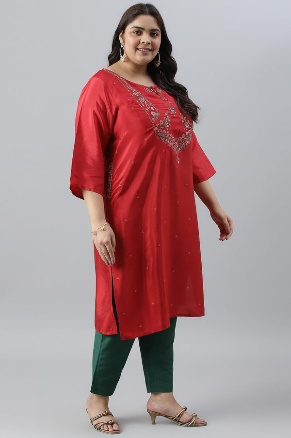 Plus Size Red Glitter Printed Festive kurta With Green Slim Pants And Printed Dupatta