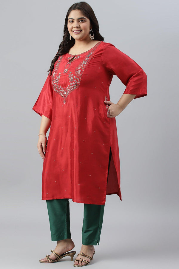 Plus Size Red Glitter Printed Festive kurta With Green Slim Pants And Printed Dupatta