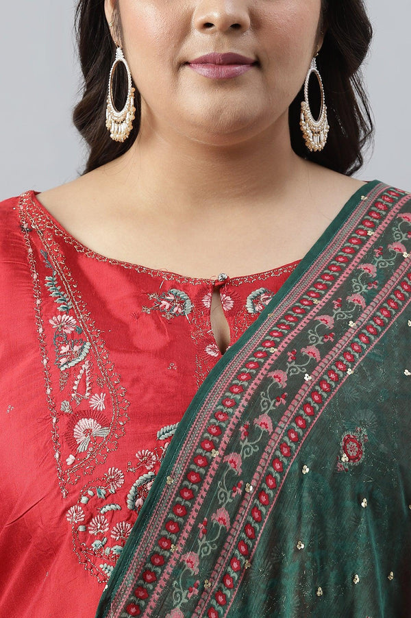 Plus Size Red Glitter Printed Festive kurta With Green Slim Pants And Printed Dupatta