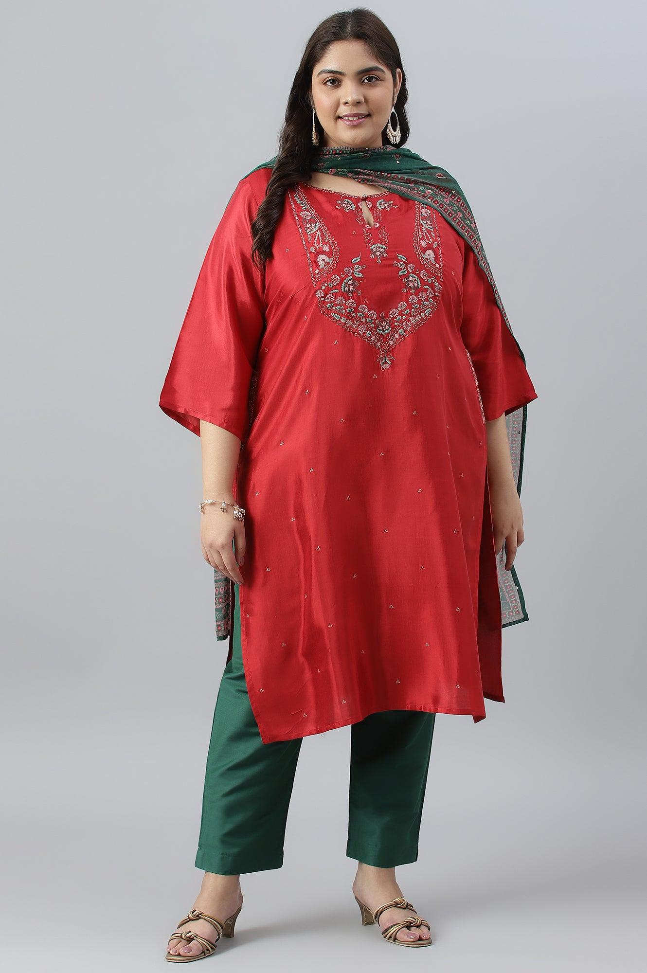 Plus Size Red Glitter Printed Festive kurta With Green Slim Pants And Printed Dupatta - wforwoman