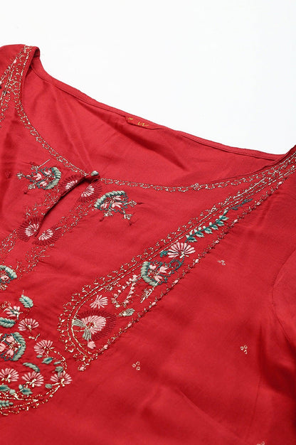 Plus Size Red Glitter Printed Festive kurta With Green Slim Pants And Printed Dupatta - wforwoman