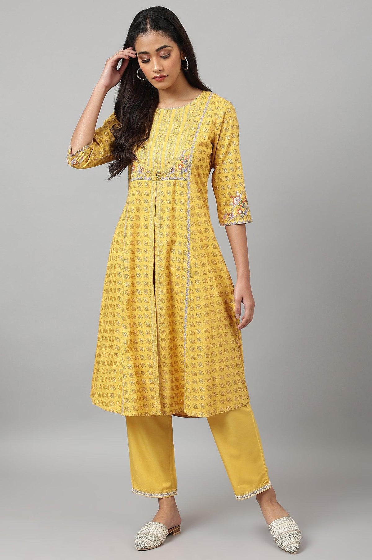 Yellow Glitter Printed Mock Layer kurta With Straight Pants - XS