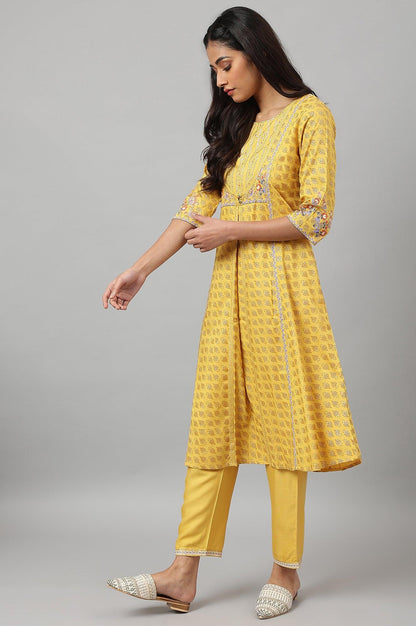 Yellow Glitter Printed Mock Layer kurta With Straight Pants - wforwoman