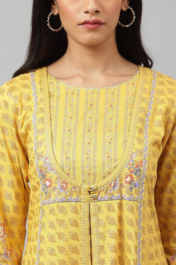 Yellow Glitter Printed Mock Layer kurta With Straight Pants