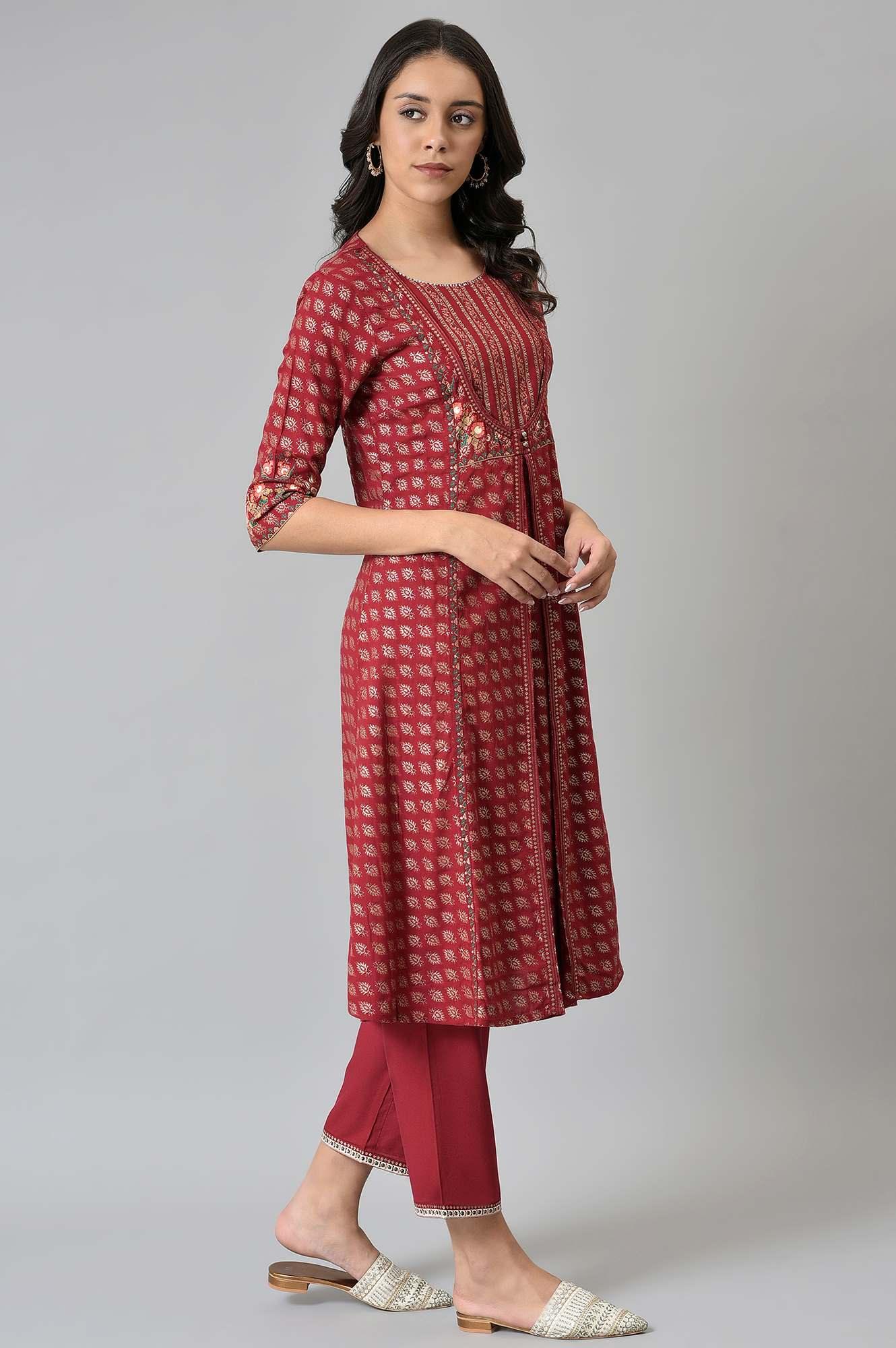 Maroon Mock Layer Festive kurta With Straight Pants - wforwoman