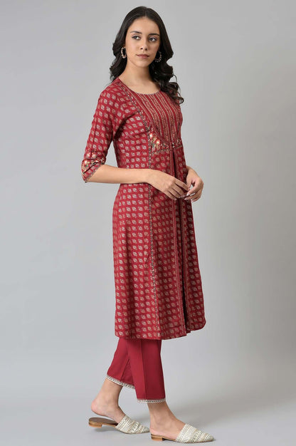 Maroon Mock Layer Festive kurta With Straight Pants - wforwoman