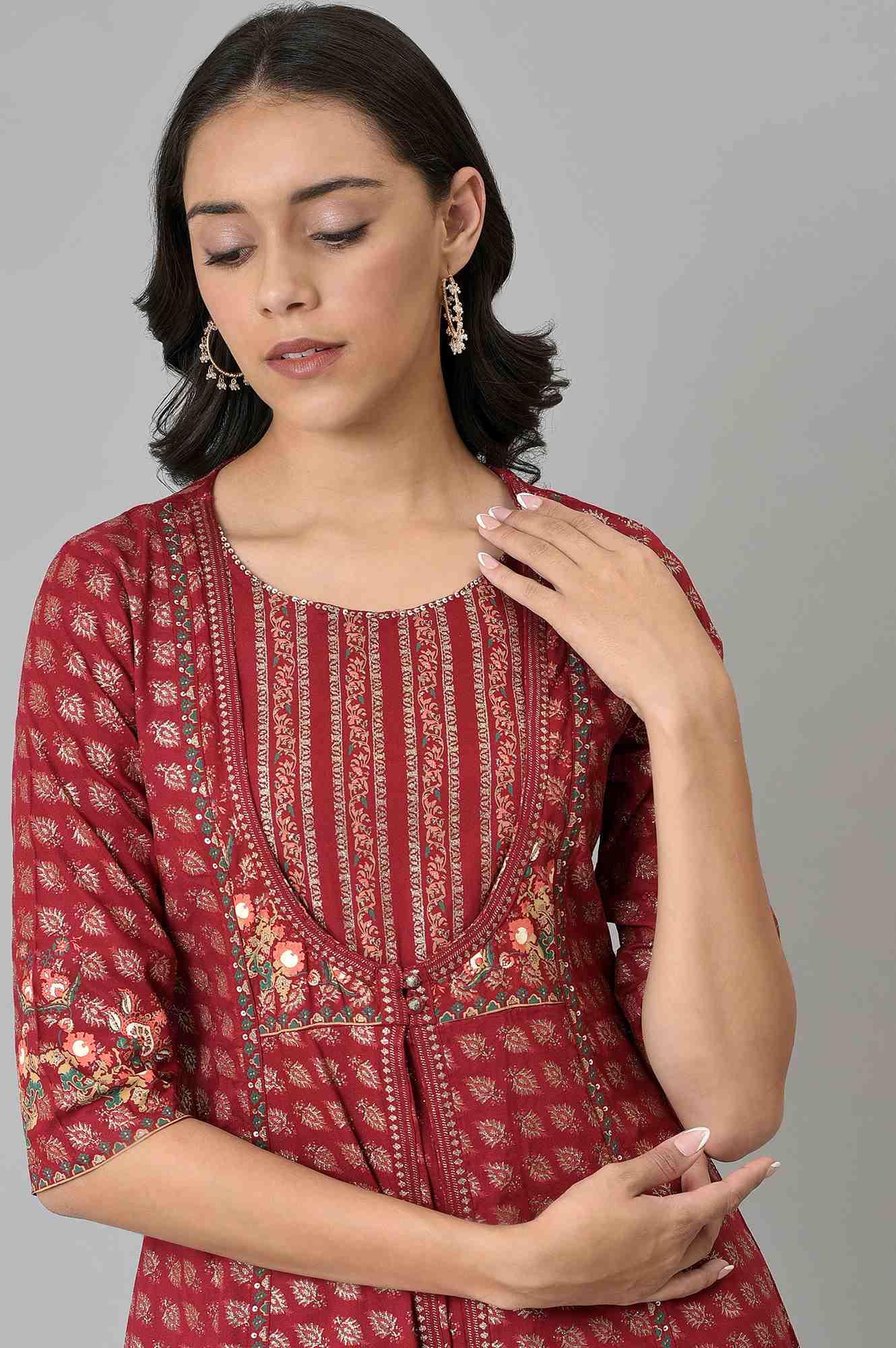 Maroon Mock Layer Festive kurta With Straight Pants - wforwoman