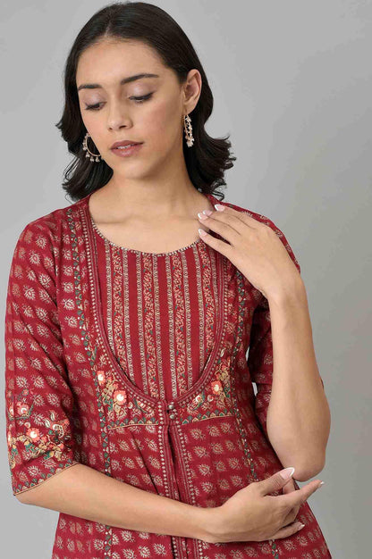 Maroon Mock Layer Festive kurta With Straight Pants - wforwoman