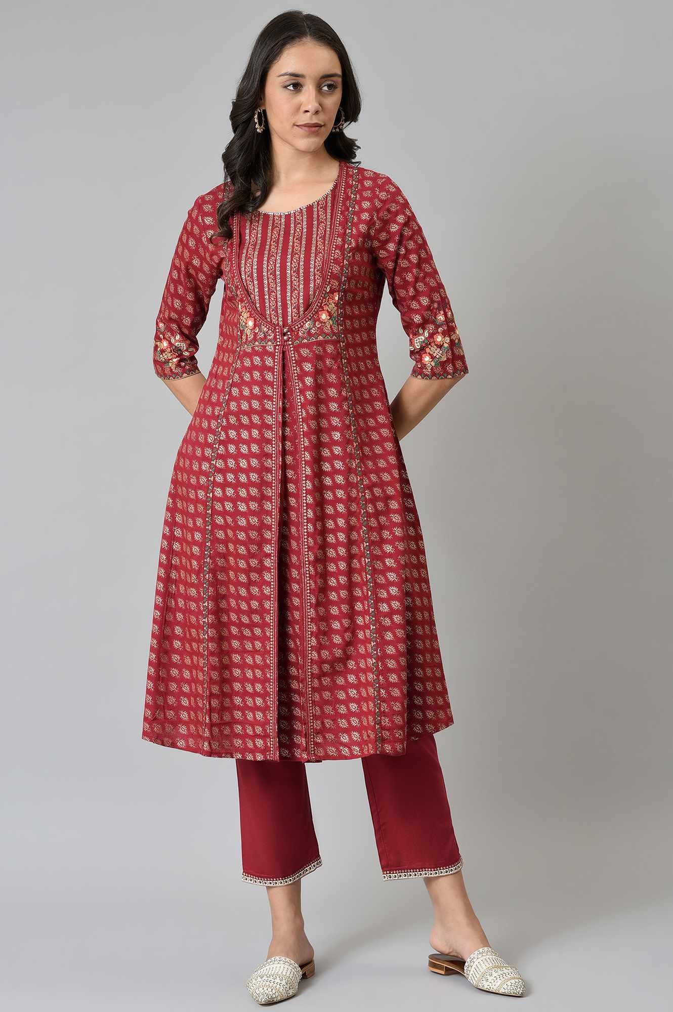 Maroon Mock Layer Festive kurta With Straight Pants - wforwoman
