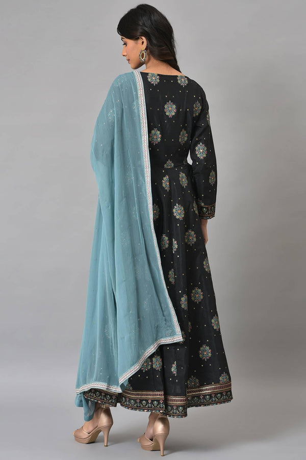 Jet Black Printed Kalidar Embroidered Dress With Blue Chiffon Dupatta