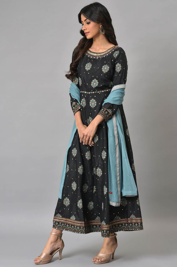 Jet Black Printed Kalidar Embroidered Dress With Blue Chiffon Dupatta