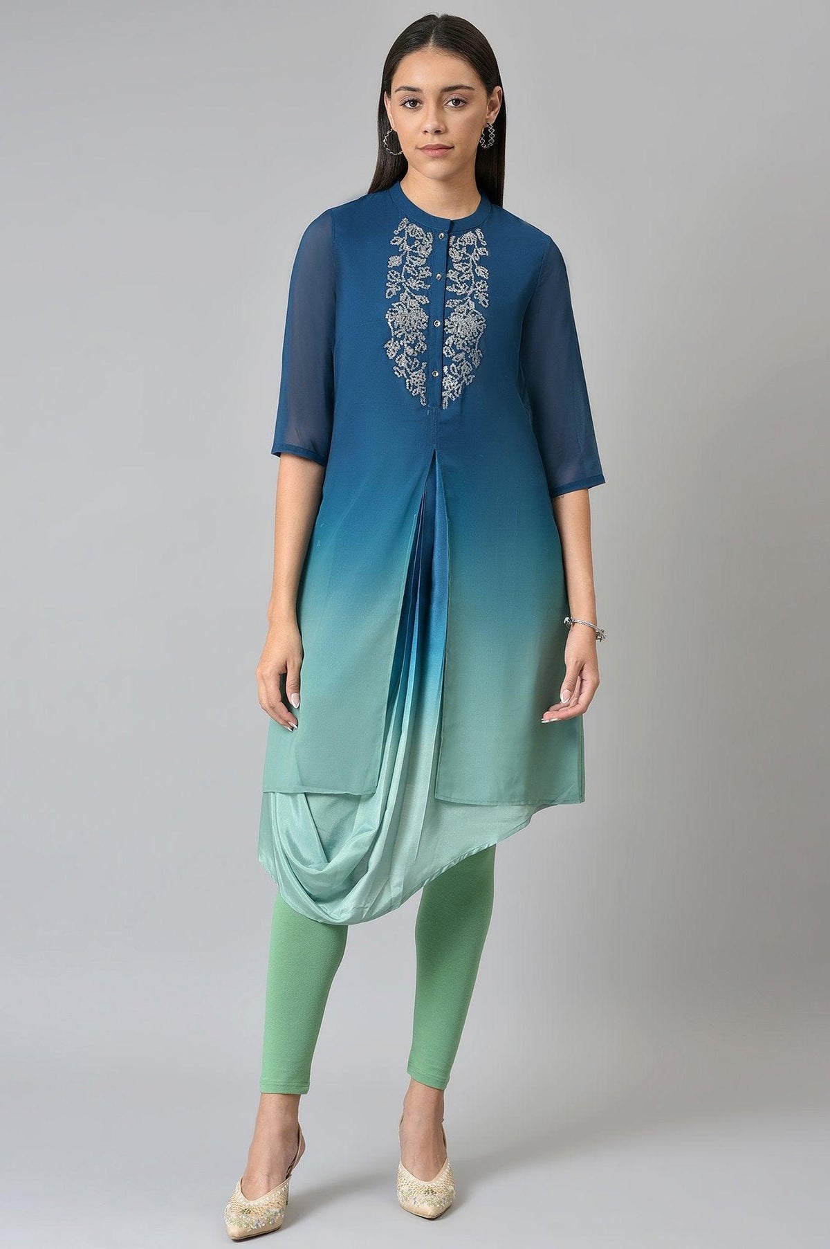 Dark Blue Ombre Cowl kurta With Tights - XS