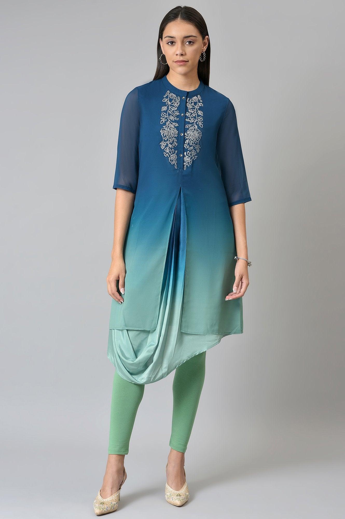 Dark Blue Ombre Cowl kurta With Tights - wforwoman