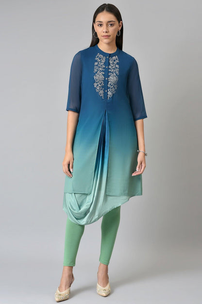 Dark Blue Ombre Cowl kurta With Tights - wforwoman