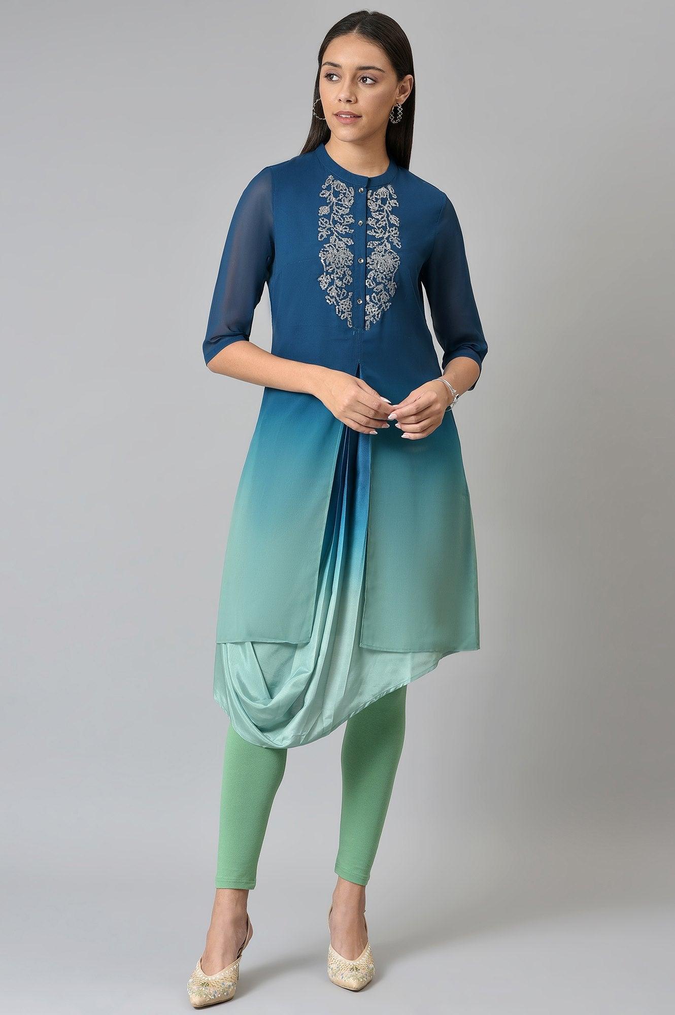 Dark Blue Ombre Cowl kurta With Tights - wforwoman