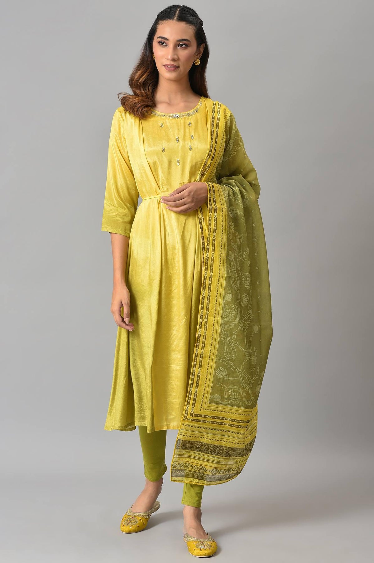Lemon Yellow and Olive Green Printed Kurta with Tights and Dupatta Set - M
