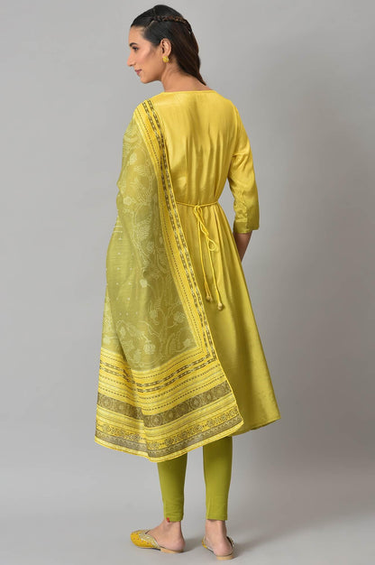 Lemon Yellow And Olive Green Printed kurta With Tights And Dupatta - wforwoman