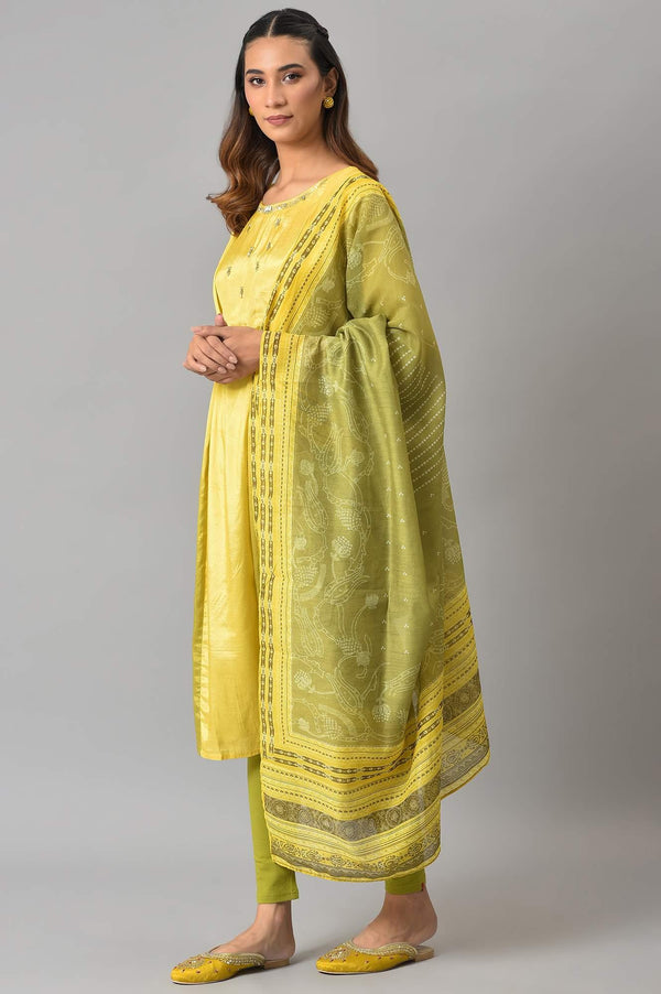 Lemon Yellow and Olive Green Printed Kurta with Tights and Dupatta Set
