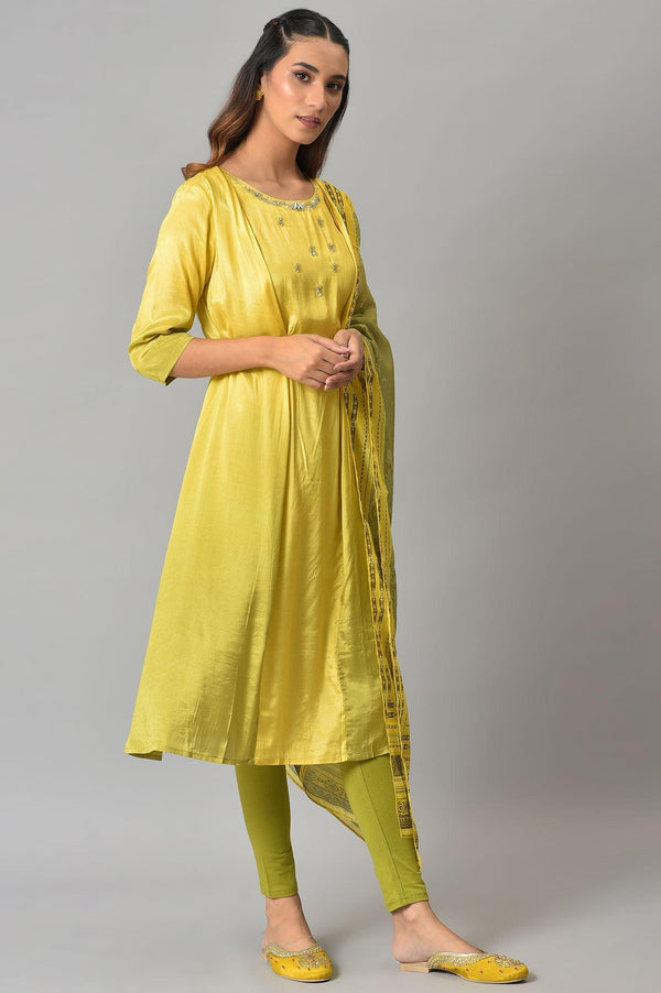 Lemon Yellow and Olive Green Printed Kurta with Tights and Dupatta Set