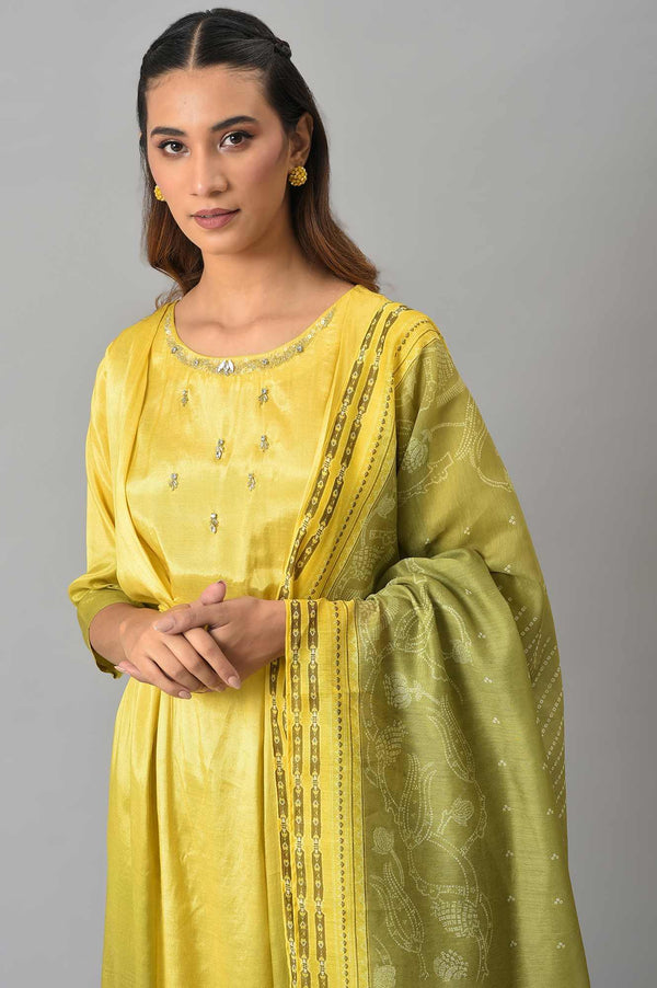 Lemon Yellow and Olive Green Printed Kurta with Tights and Dupatta Set