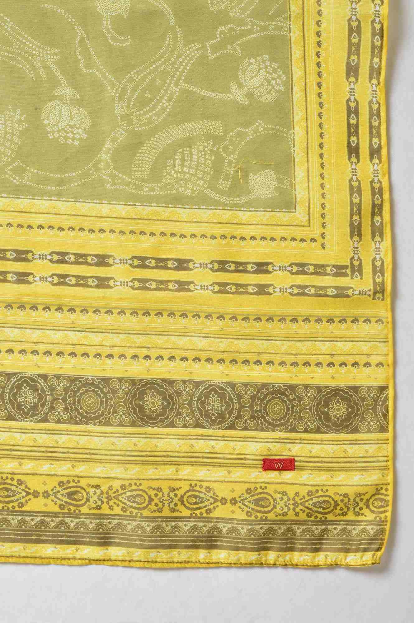 Lemon Yellow And Olive Green Printed kurta With Tights And Dupatta - wforwoman