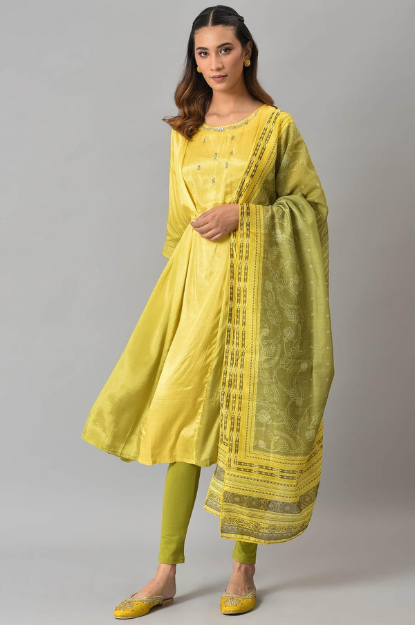Lemon Yellow and Olive Green Printed Kurta with Tights and Dupatta Set