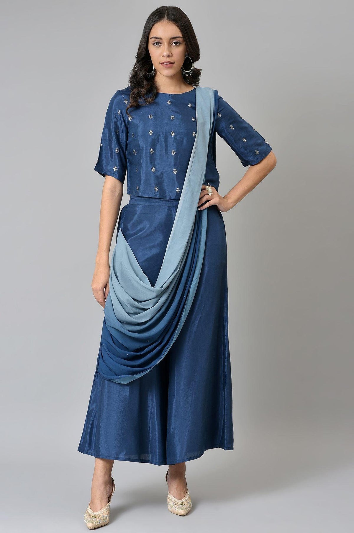 Navy Blue Crop With Pants Having Attached Ombre Drape - S