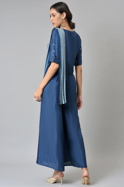 Navy Blue Crop With Pants Having Attached Ombre Drape - wforwoman