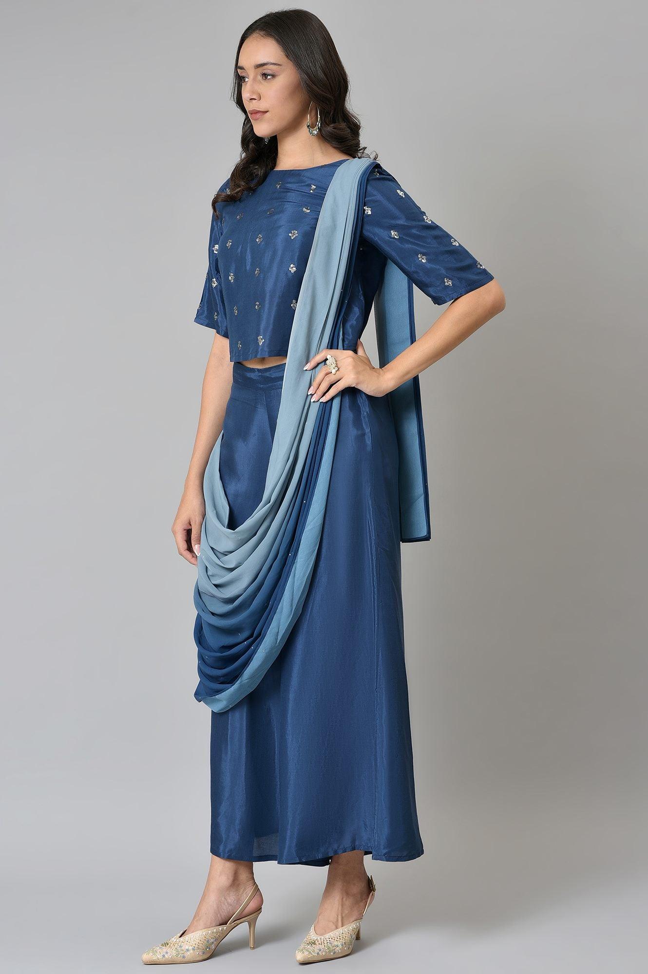 Navy Blue Crop With Pants Having Attached Ombre Drape - wforwoman