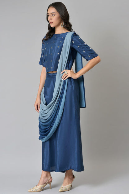 Navy Blue Crop With Pants Having Attached Ombre Drape - wforwoman