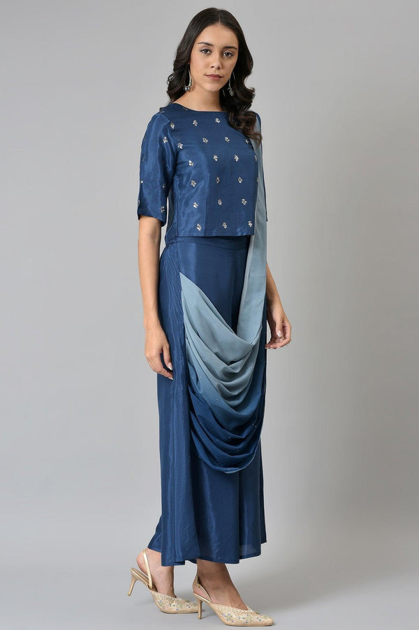 Navy Blue Crop With Pants Having Attached Ombre Drape