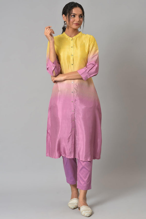 Corn Yellow And Plum Ombre A-Line kurta With Pants