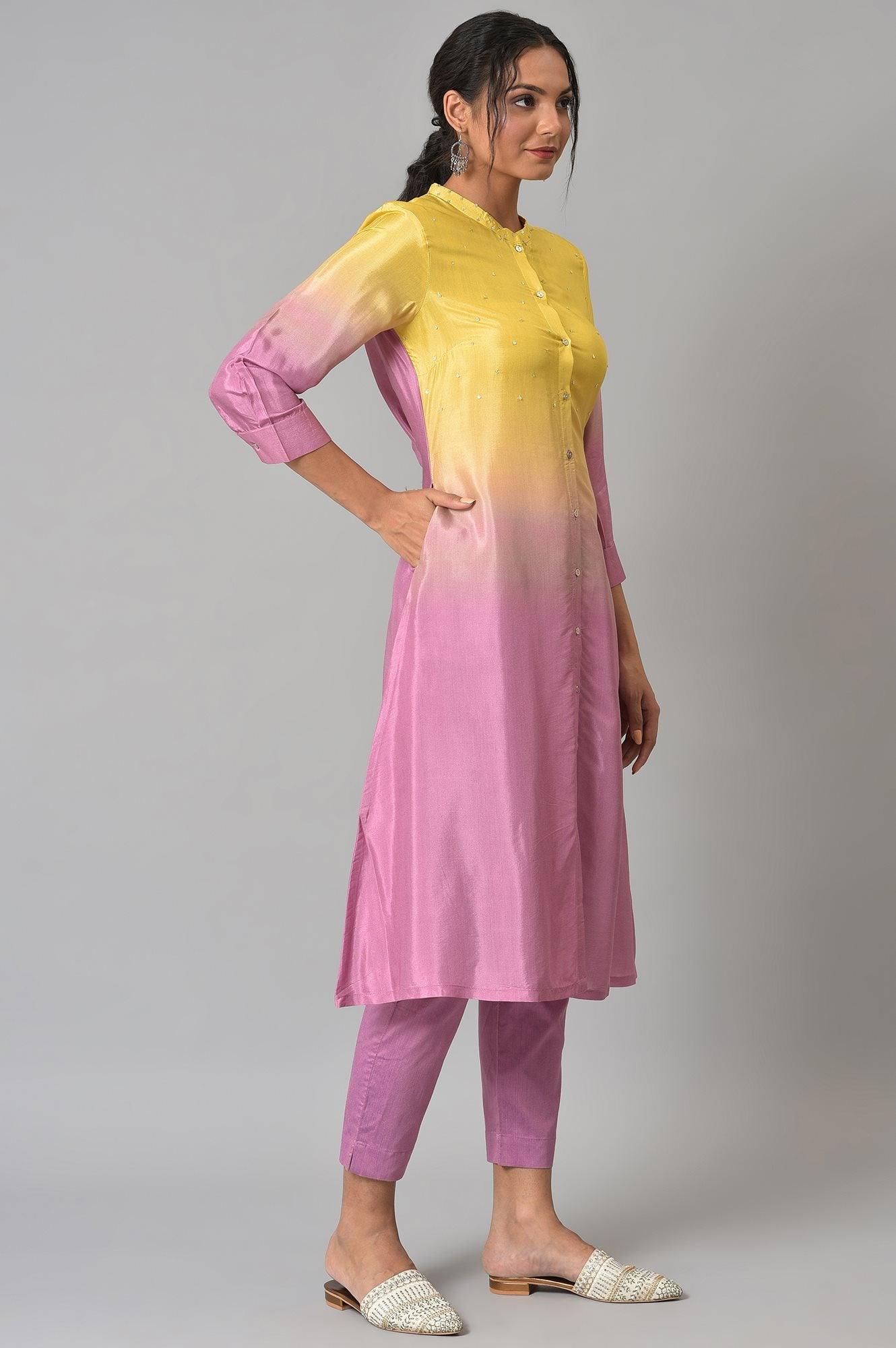 Corn Yellow And Plum Ombre A-Line kurta With Pants - wforwoman
