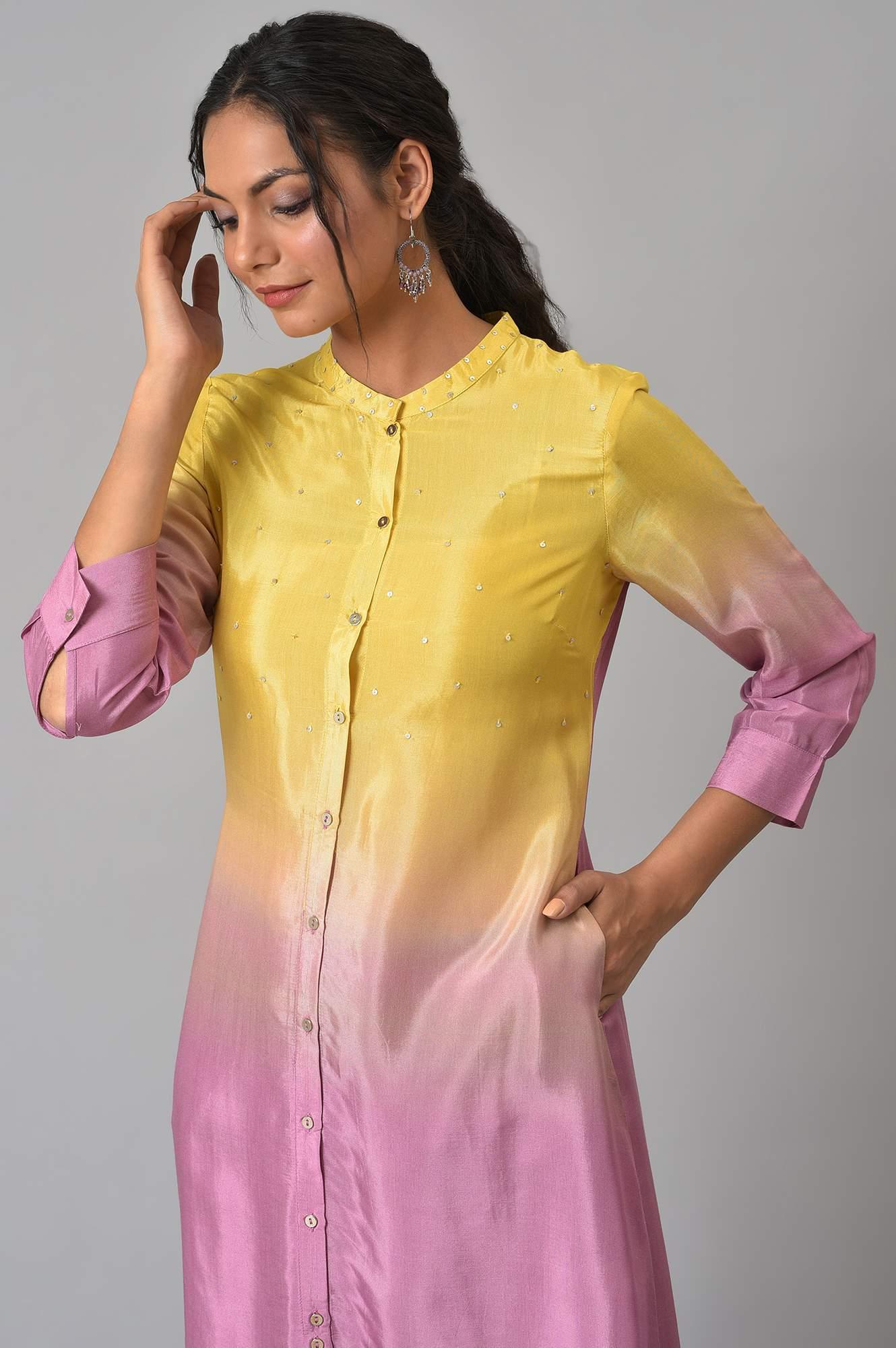 Corn Yellow And Plum Ombre A-Line kurta With Pants - wforwoman