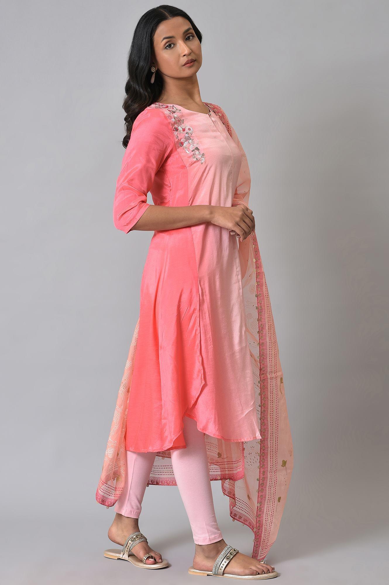 Pink Embroidered Ombre kurta Set - wforwoman