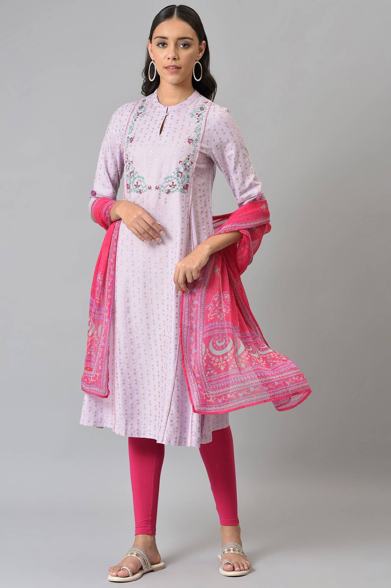 Light Purple Embroidered kurta With Pink Tights And Dupatta - wforwoman