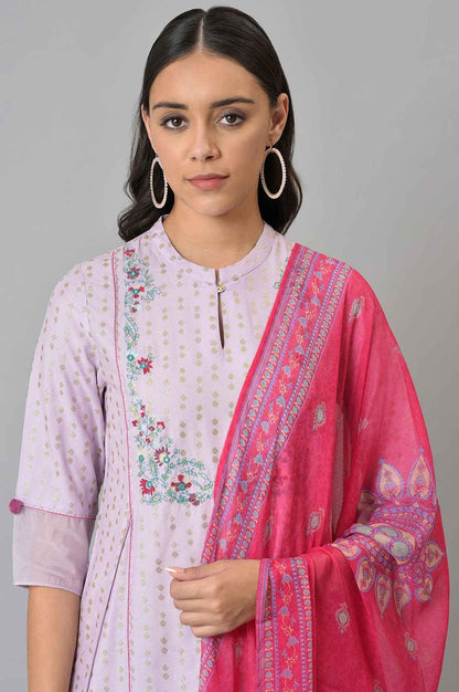 Light Purple Embroidered kurta With Pink Tights And Dupatta - wforwoman