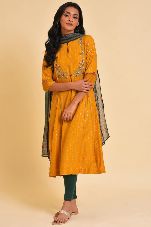 Yellow Embroidered kurta, Tights & Dupatta Set