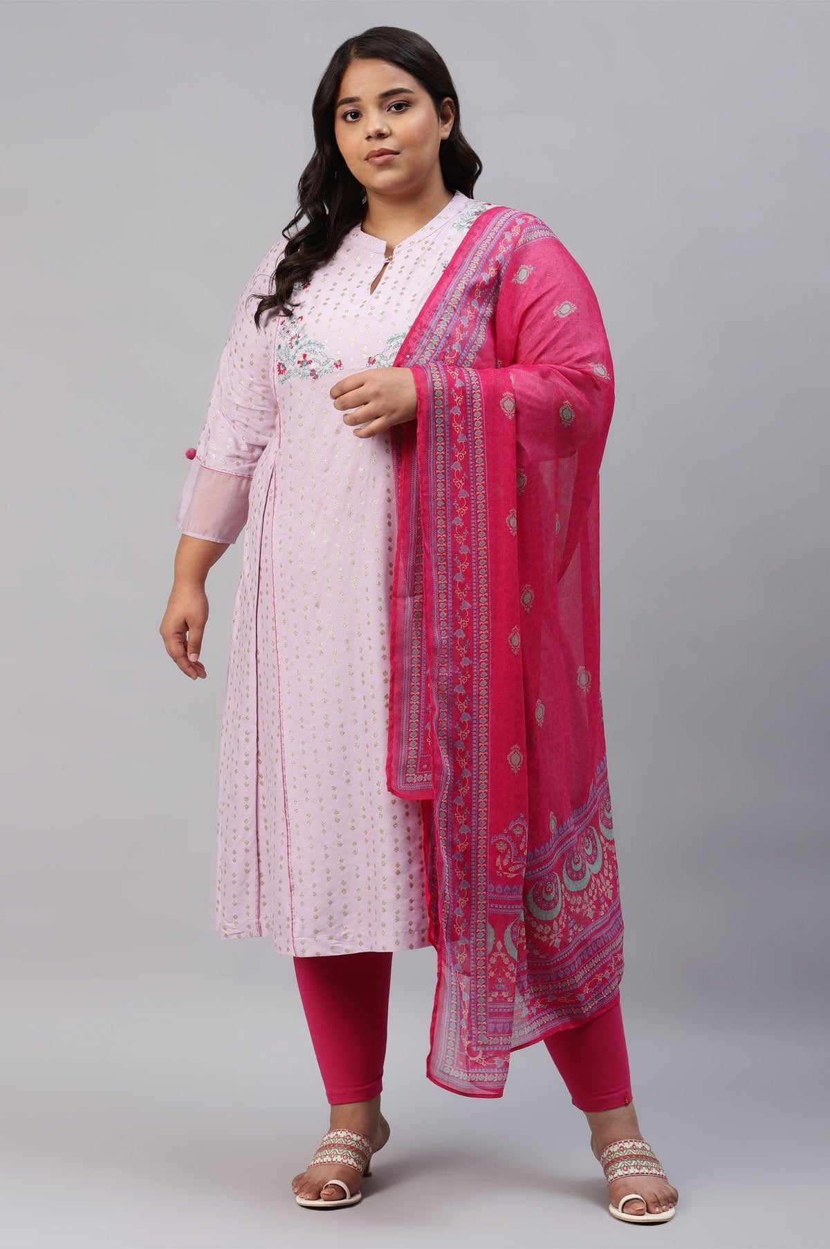 Plus Size Light Purple Embroidered kurta With Pink Tights And Printed Dupatta - 20
